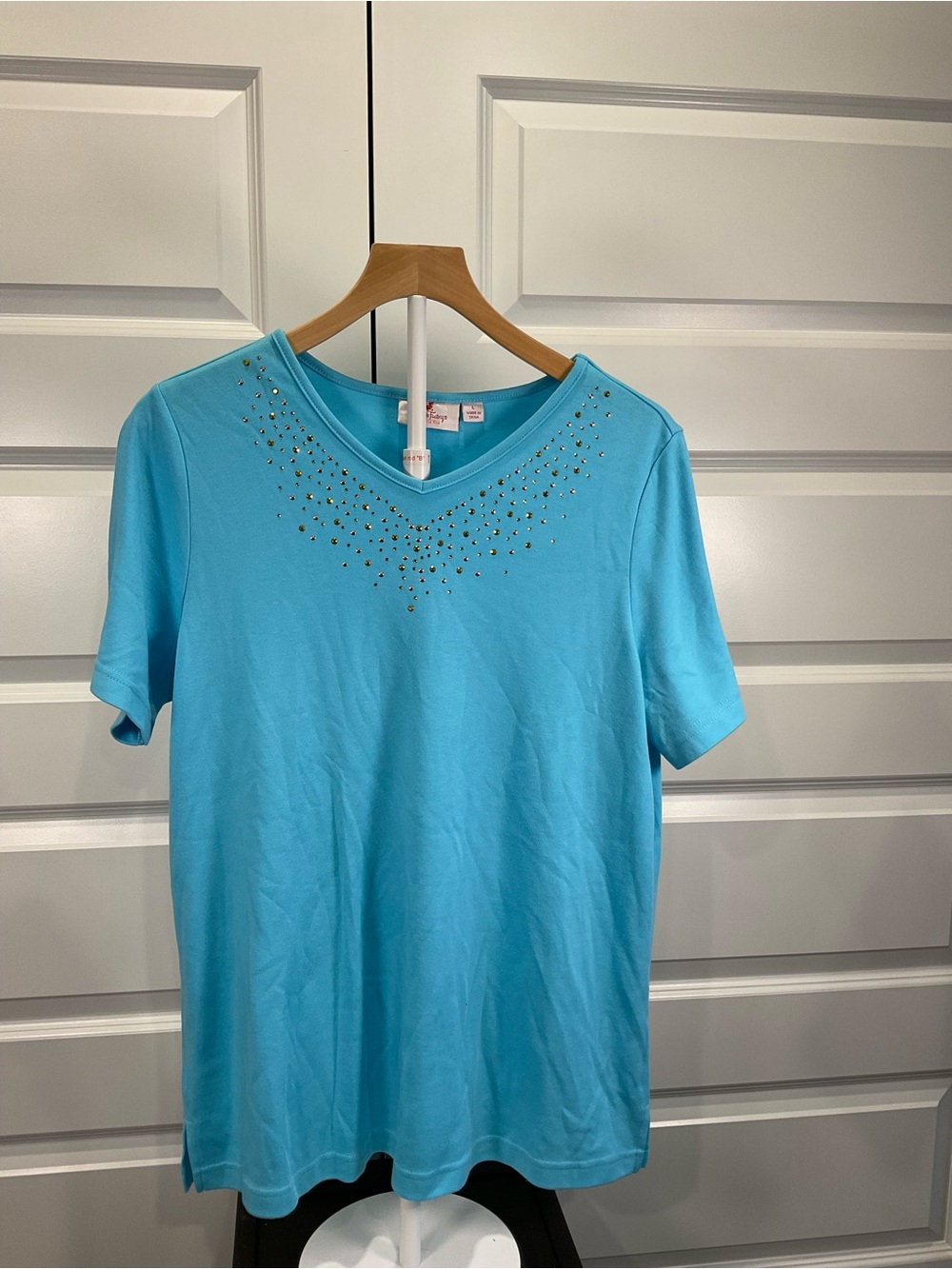 Quacker Factory Turquoise V-Neck Short Sleeve Tee with Stud Accents
